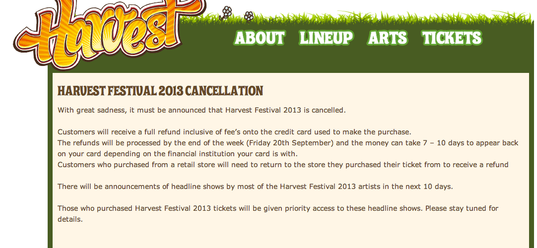 Harvest Festival 2013 Canceled